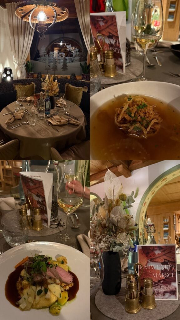 Gemütliches Restaurant mit gedecktem Tisch und Gourmet-Essen.